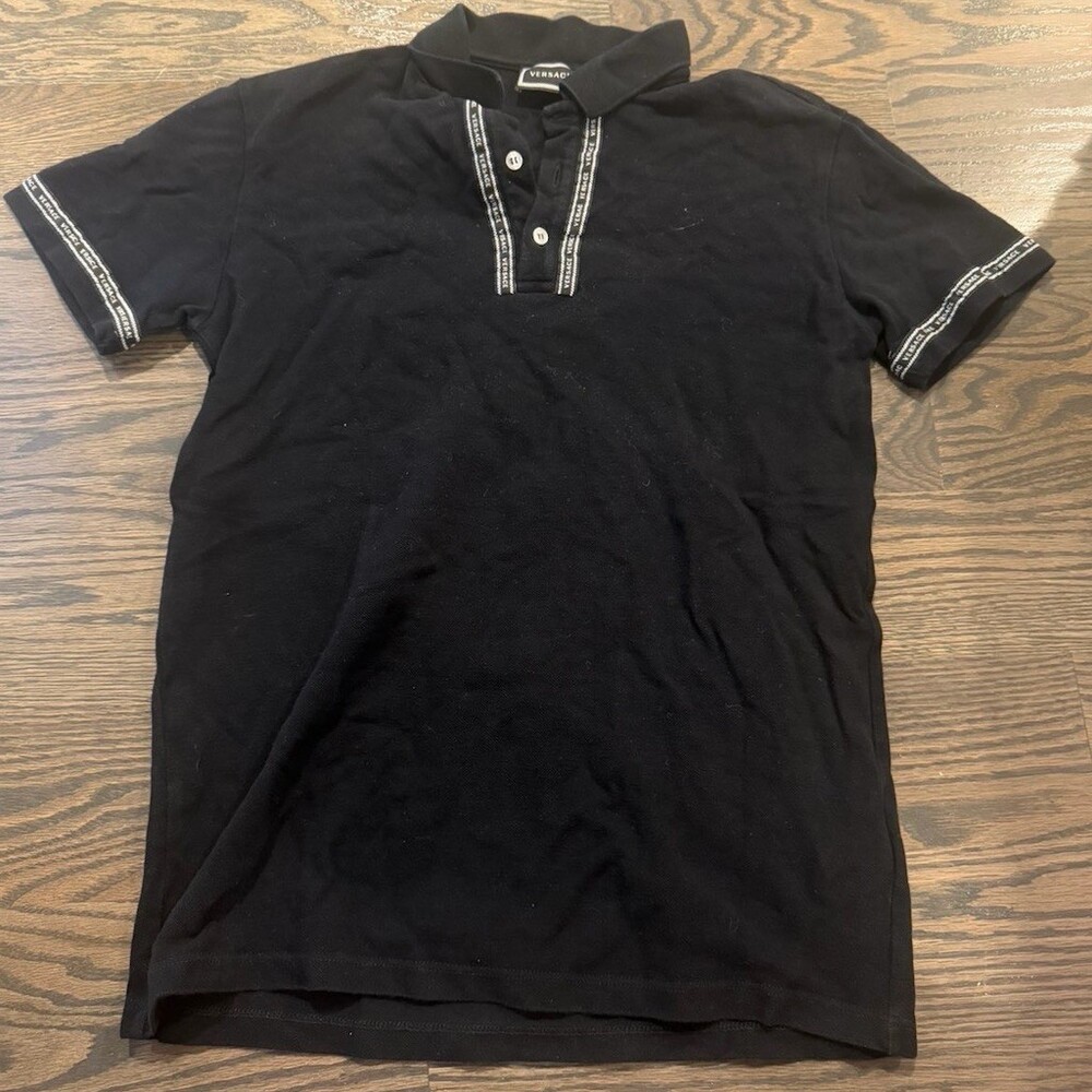Versace Polo Shirt Boys Size 14-16 Black Short Sleeve Logo Trim Collared